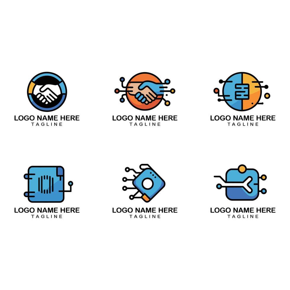 Collection of technology and business handshake logo designs vector