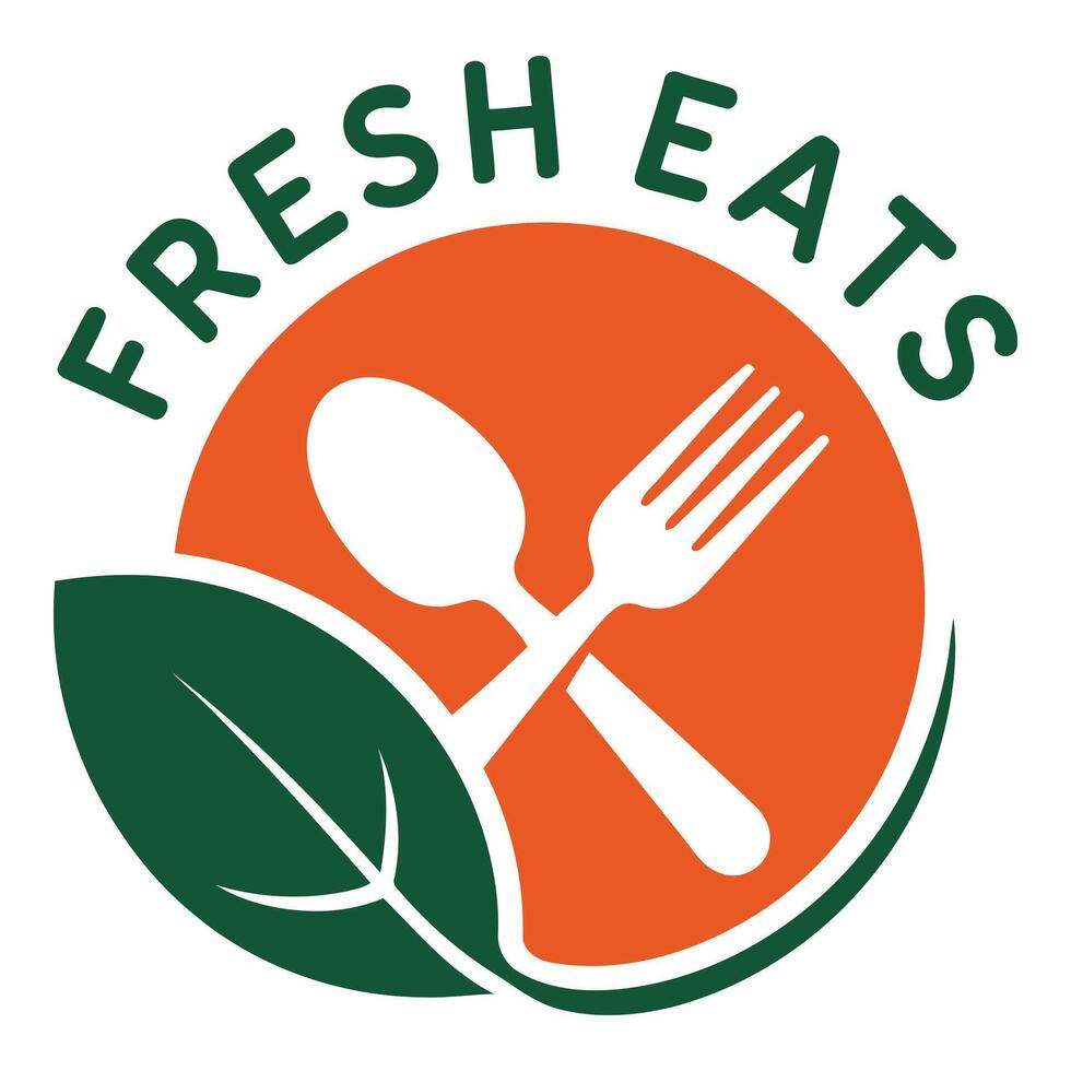 Fresh eats logo with spoon fork and leaf isolated on white background vector