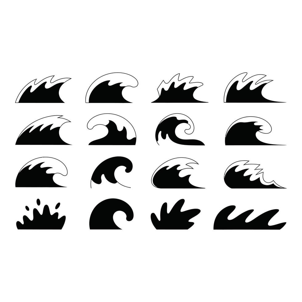 Various stylized ocean wave illustrations isolated on white background vector