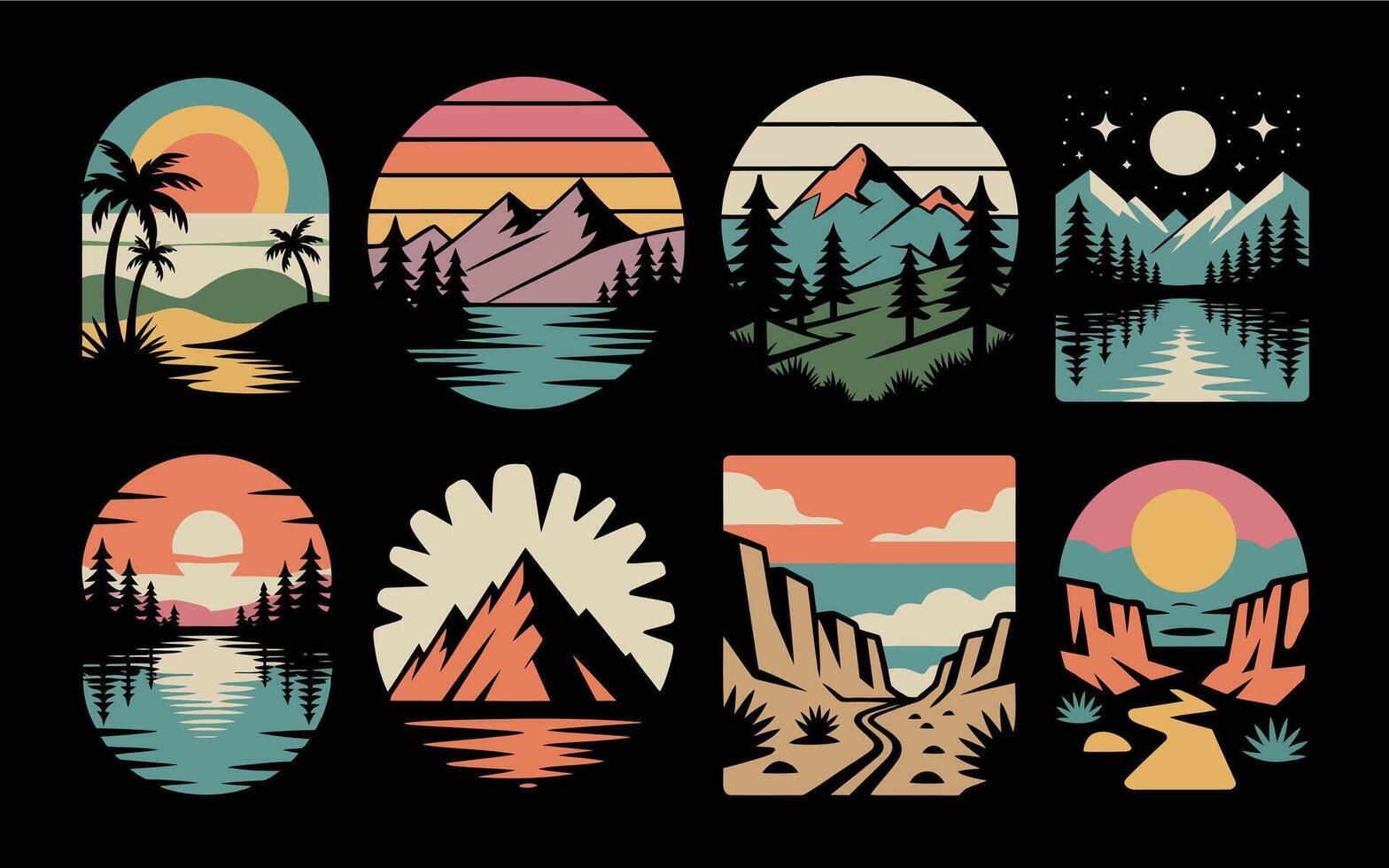 Various nature landscapes in retro badge style on black background vector