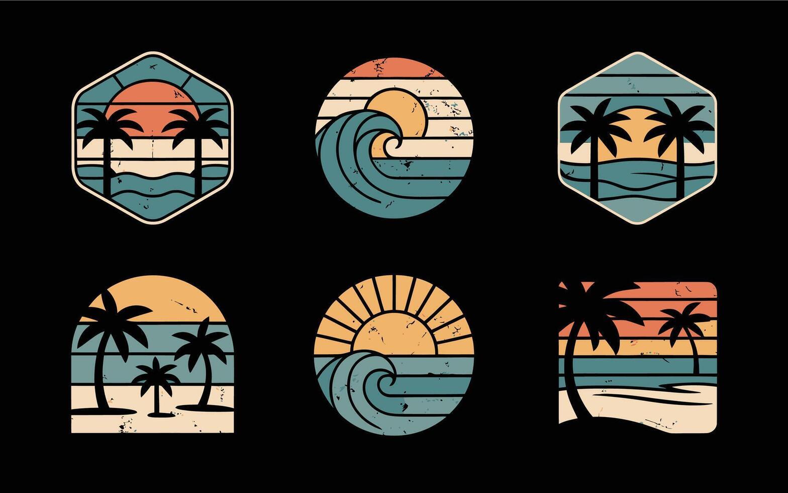 Retro beach sunset with palm trees and ocean waves illustrations vector