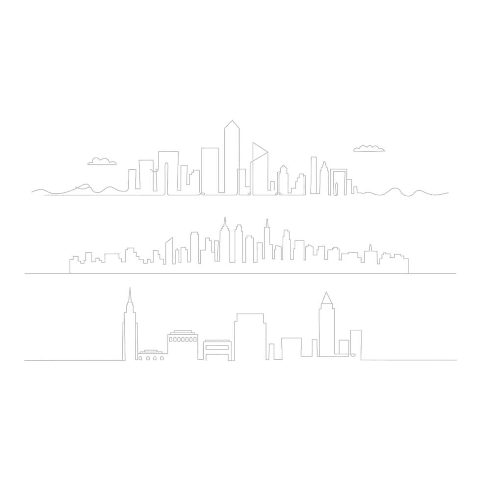 Three different city skylines isolated on white background in line art vector