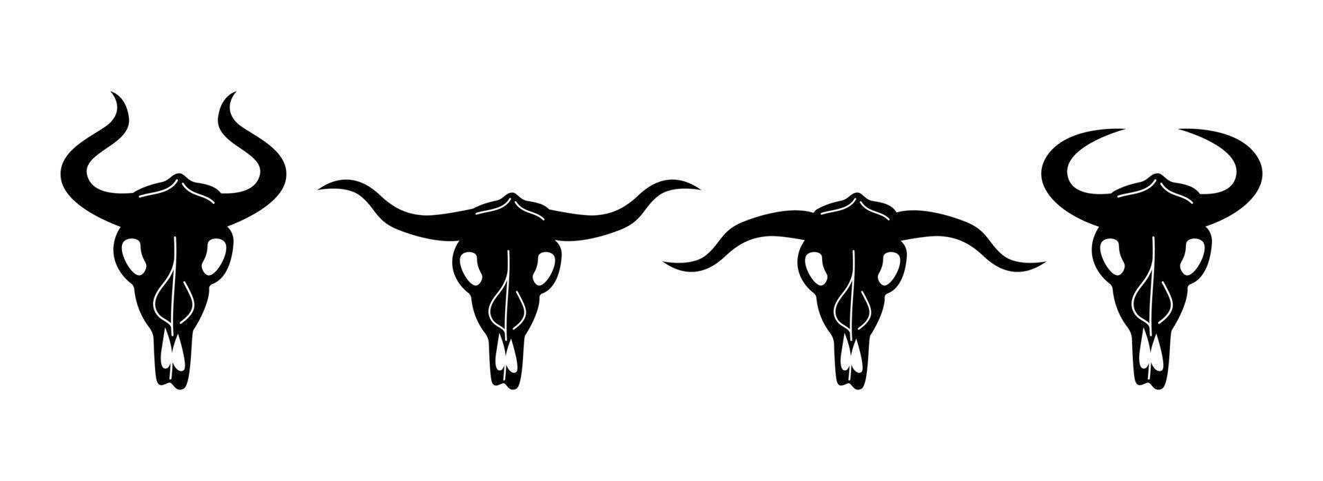 Wild West set. Collection of groovy cute funky hippie boho illustration elements of cow skulls black silhouettes. Western stickers vector