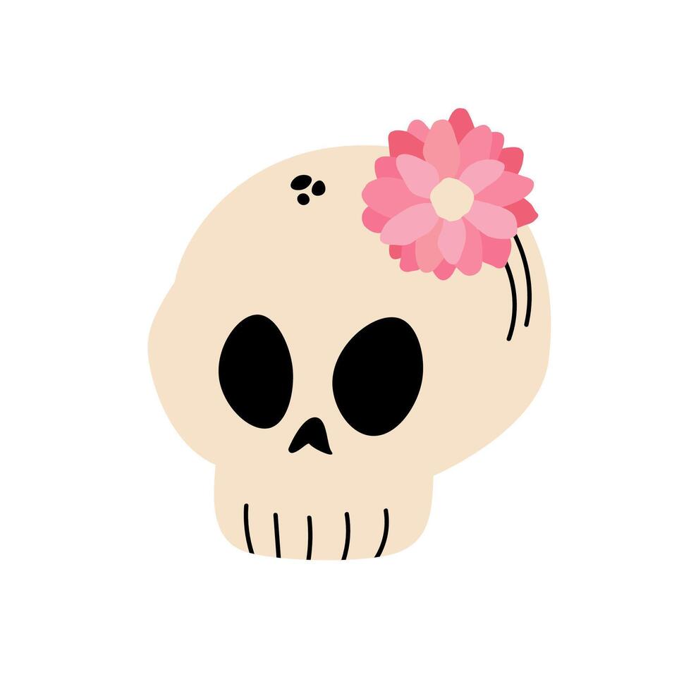 Human Skull with Flower. Cute groovy funky hippie boho illustration element isolated. y2k coquette design vector