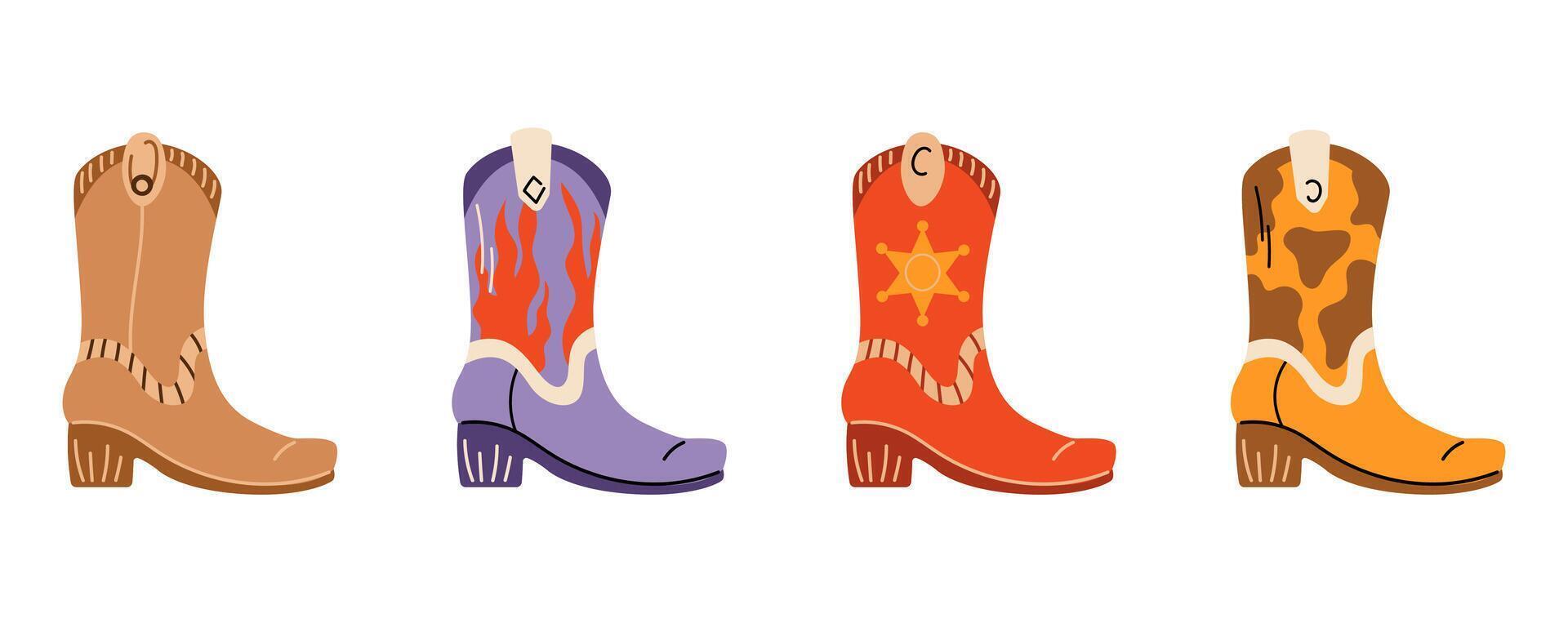 Wild West set. Collection of groovy cute funky hippie boho illustration elements of cowboy shoes. Western stickers vector