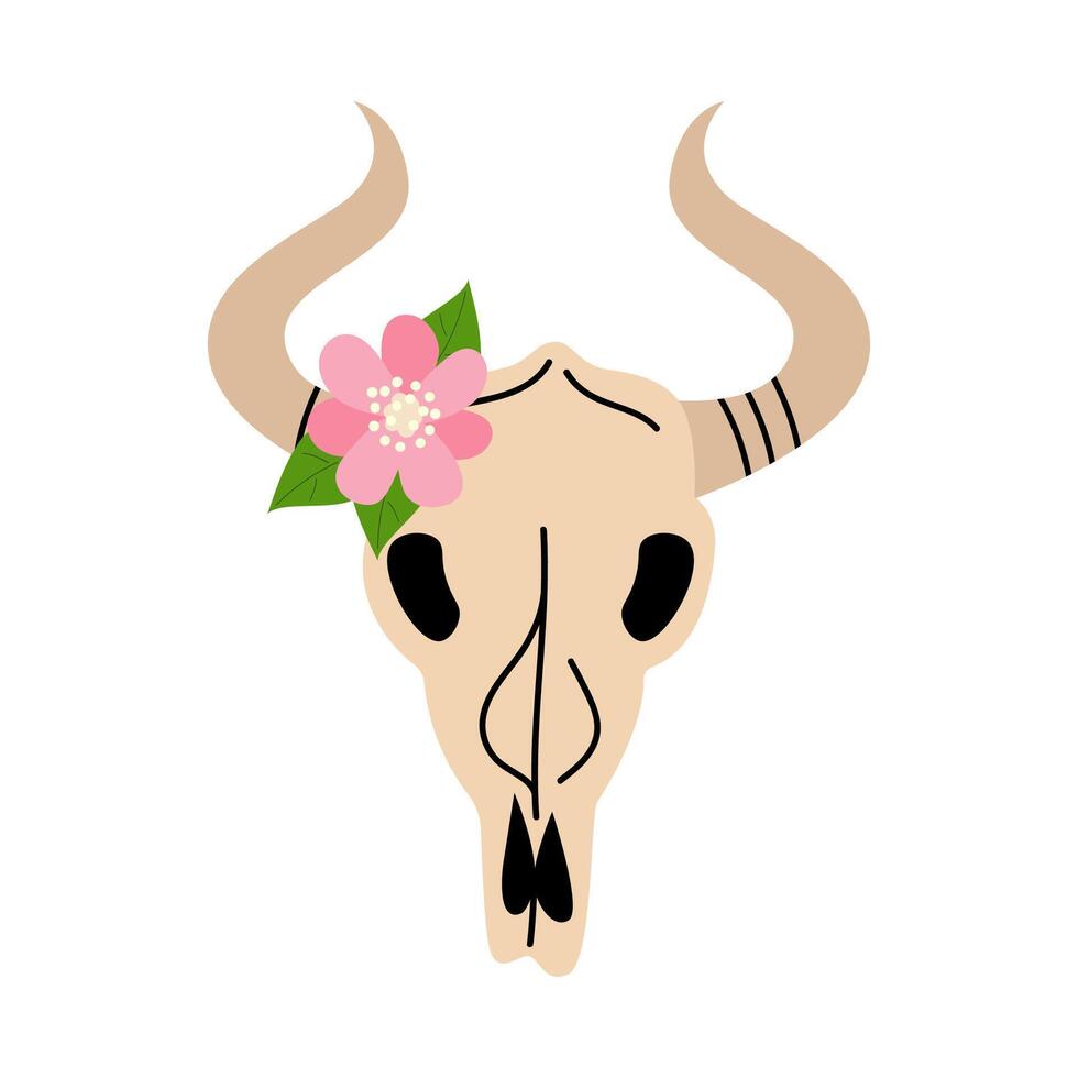 Cow Skull with Flower. Cute groovy funky hippie boho illustration element isolated vector