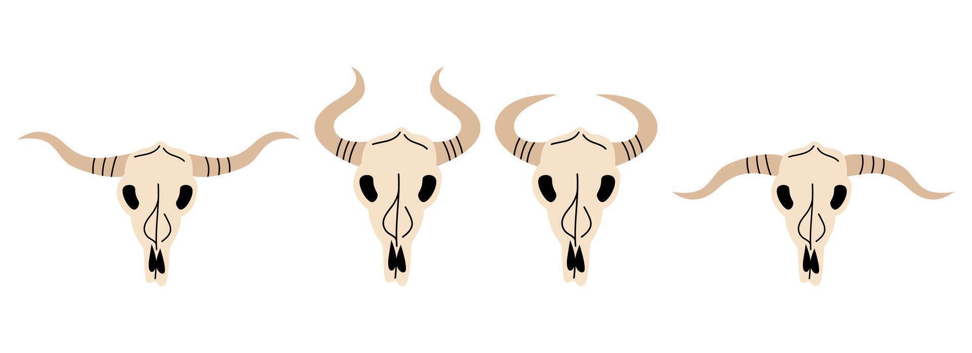 Wild West set. Collection of groovy cute funky hippie boho illustration elements of cow skulls. Western stickers vector