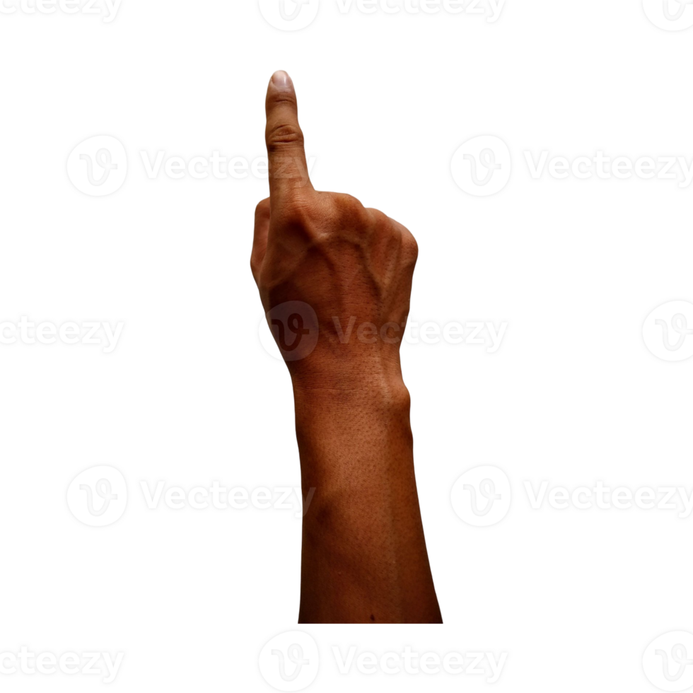A human hand with the index finger pointing upward, isolated on a transparent background, commonly used as a pointer or gesture for attention or interaction cues. png