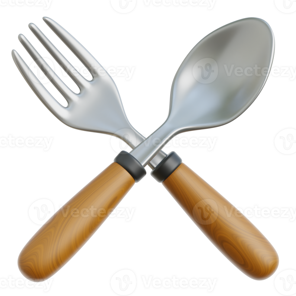 Wooden Spoon and Fork 3d Illustration png