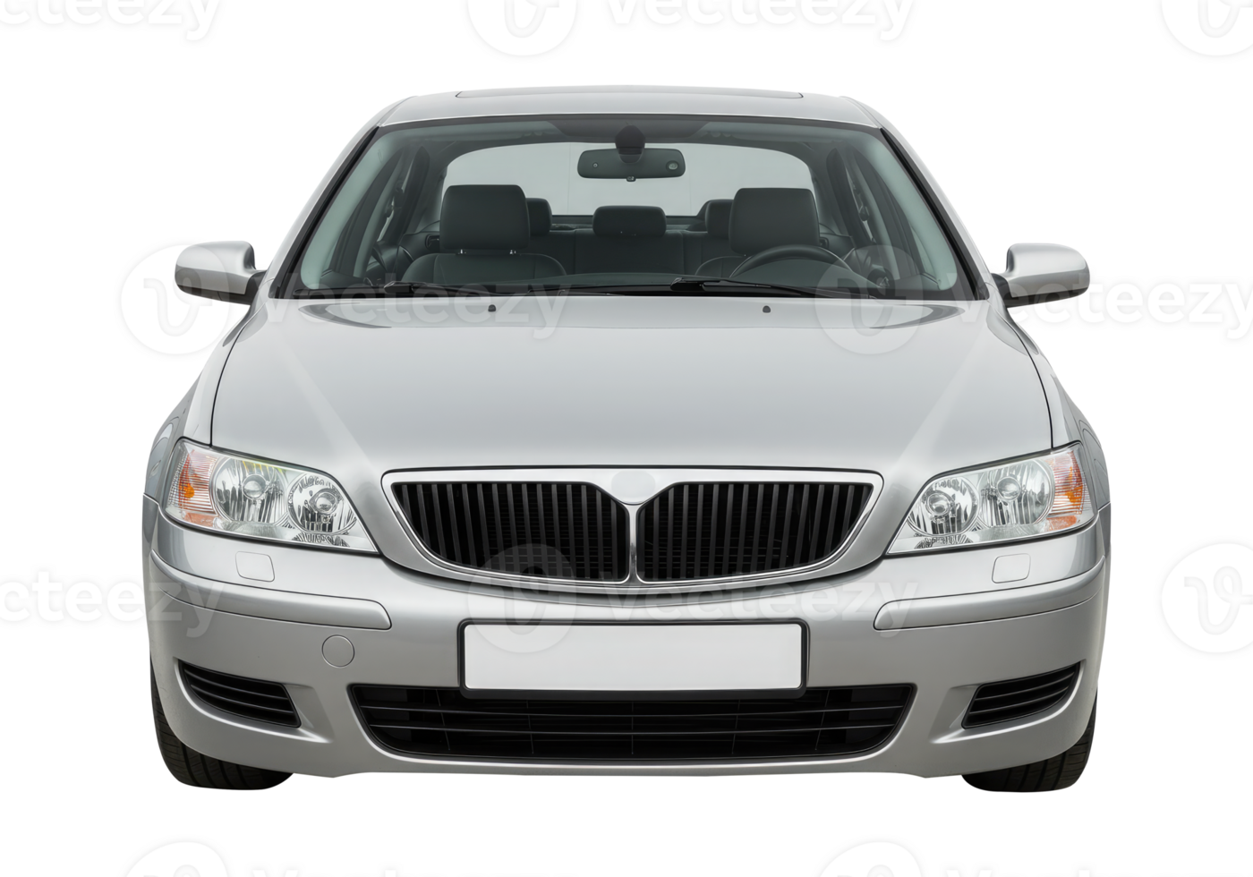 Detailed Studio Shot of a Silver Car's Front, Showing Headlights and Grille. Clipping Path, Cut Out on Transparent Background. png