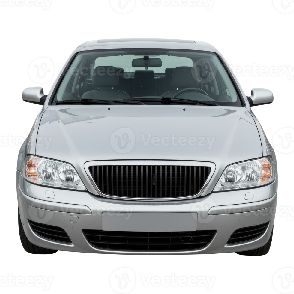 Generic Unbranded Silver Car, Front View with Blank License Plate for Mockup. Cut Out, Clipping Path on Transparent Background. png