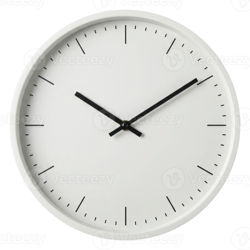 Simple White Wall Clock with Black Hands, Modern Office and Home Decor Element Cut Out, Clipping Path on Transparent Background. png