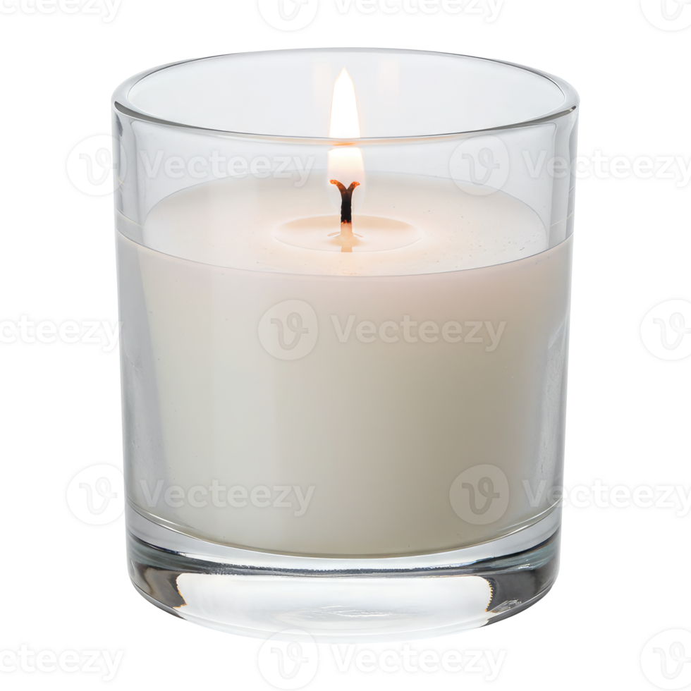 Lit White Votive Candle in a Glass Holder with a Glowing Flame. Cut Out, Clipping Path on Transparent Background. png