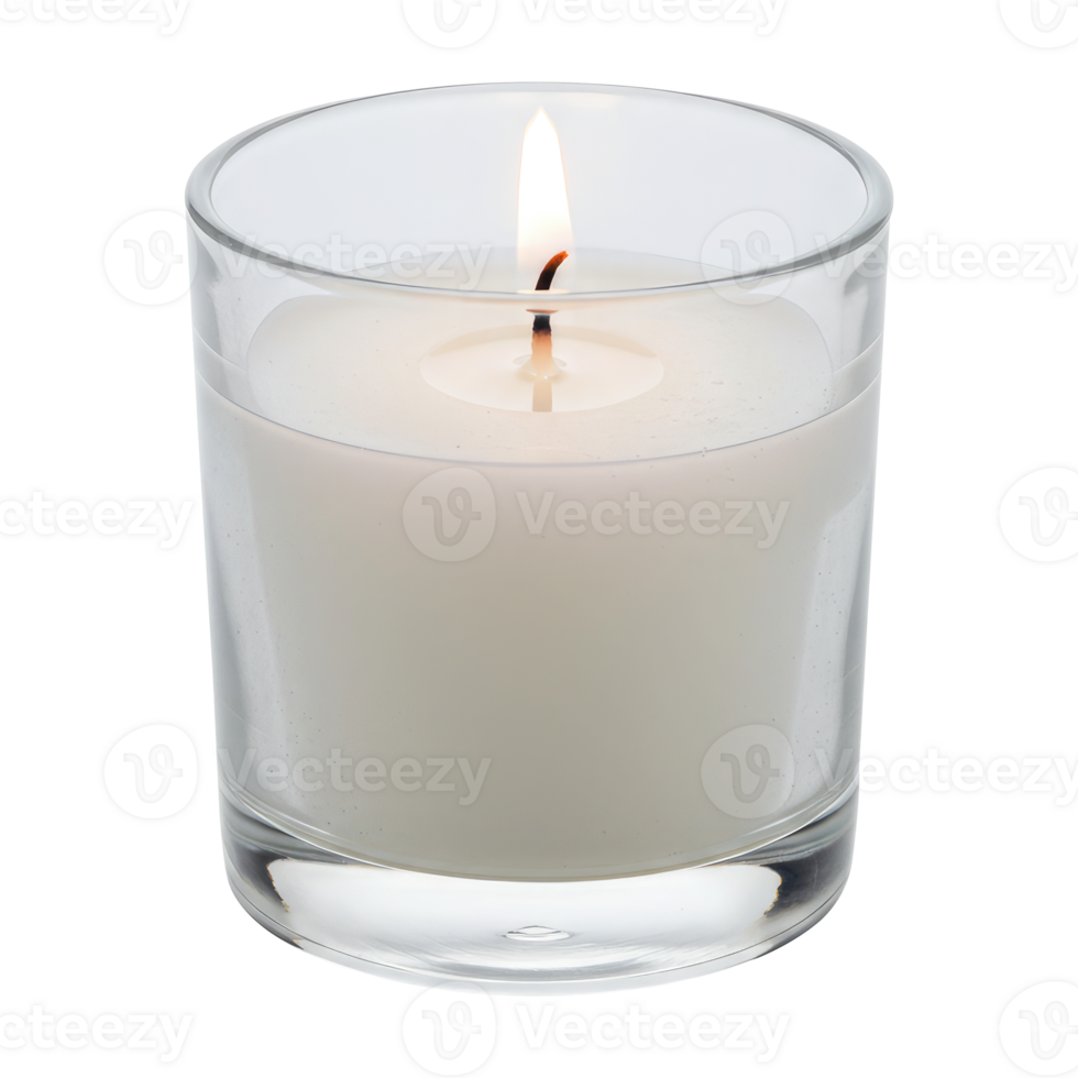 Burning White Candle in a Clear Glass Holder, Cut Out, Clipping Path on Transparent Background. png