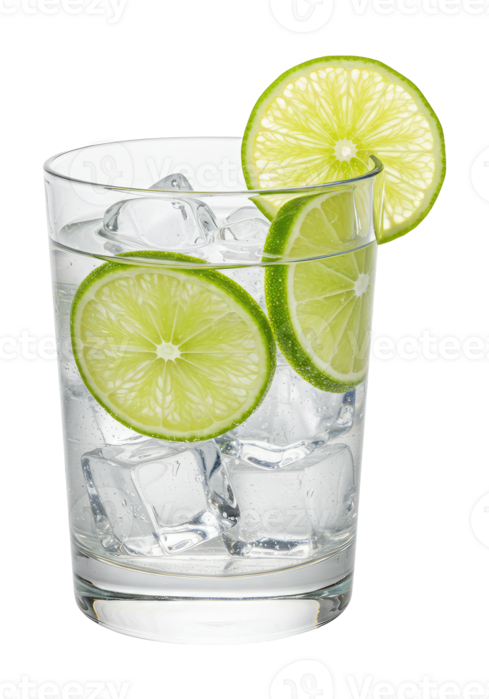 Gin and Tonic Cocktail with Lime Slices and Ice, Isolated on a Transparent Background. png