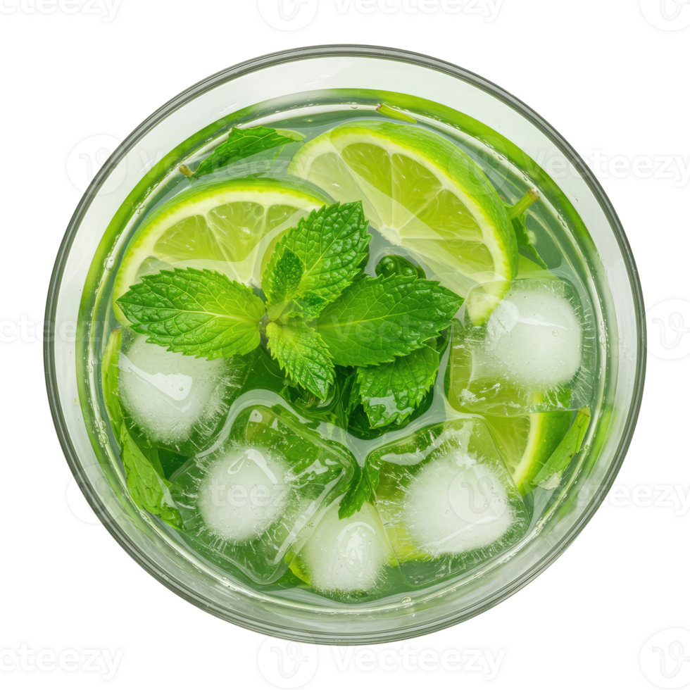 Glass of Cold Green Beverage with Mint, Lime, and Ice, Top-Down View. Cut Out, Clipping Path on Transparent Background. png
