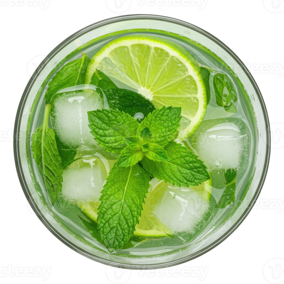Top View of Iced Cocktail with Fresh Mint Leaves, Lime Slices, and Ice Cubes in a Glass, Cut Out, Clipping Path on Transparent Background. png