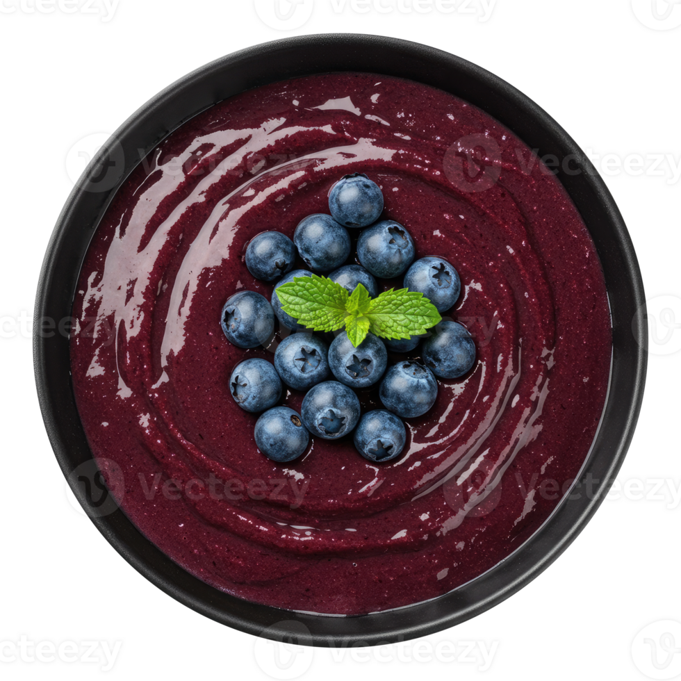 Vegan Berry Smoothie Bowl in a Black Bowl, Flat Lay. Cut Out, Clipping Path on Transparent Background. png