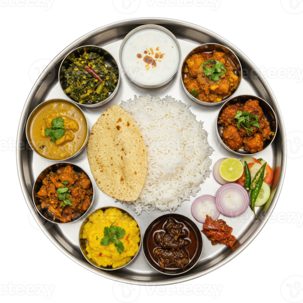 A Complete and Balanced Indian Meal Platter from Above. Cut Out, Clipping Path on Transparent Background. png