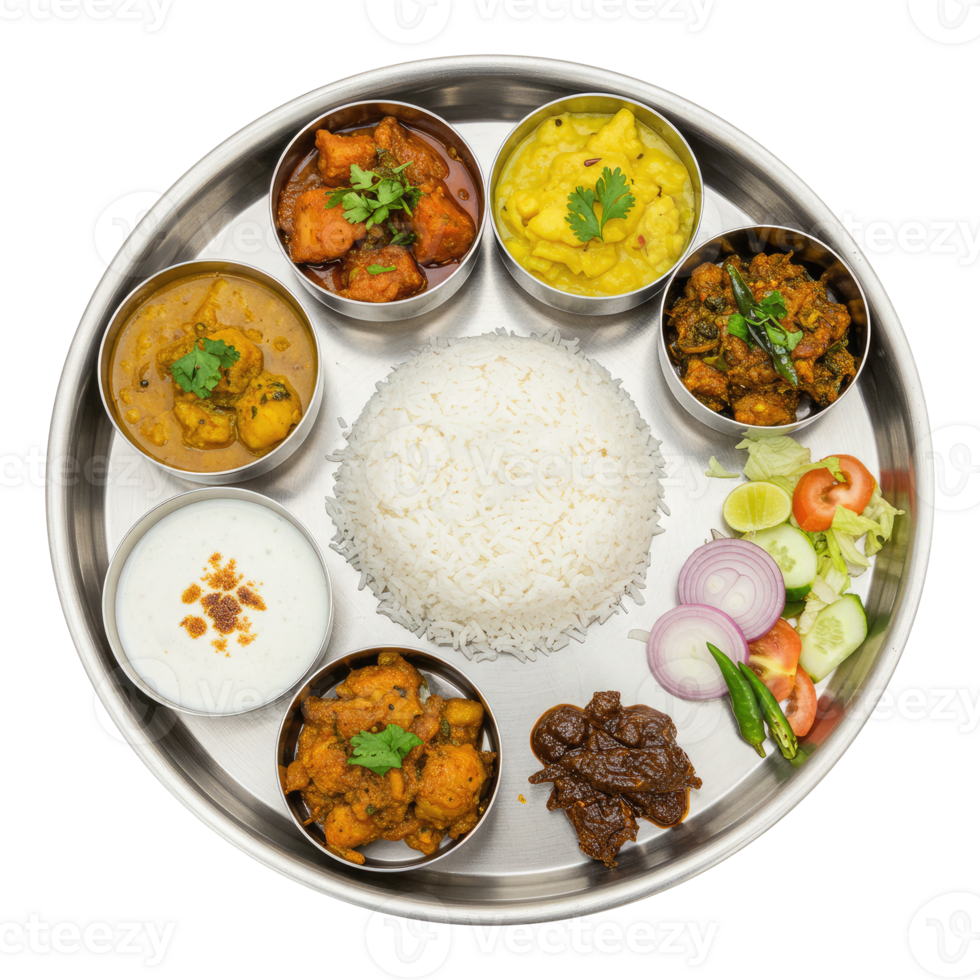 Top View of Indian Chicken Thali with Paneer, Raita, and Salad. Cut Out, Clipping Path on Transparent Background. png