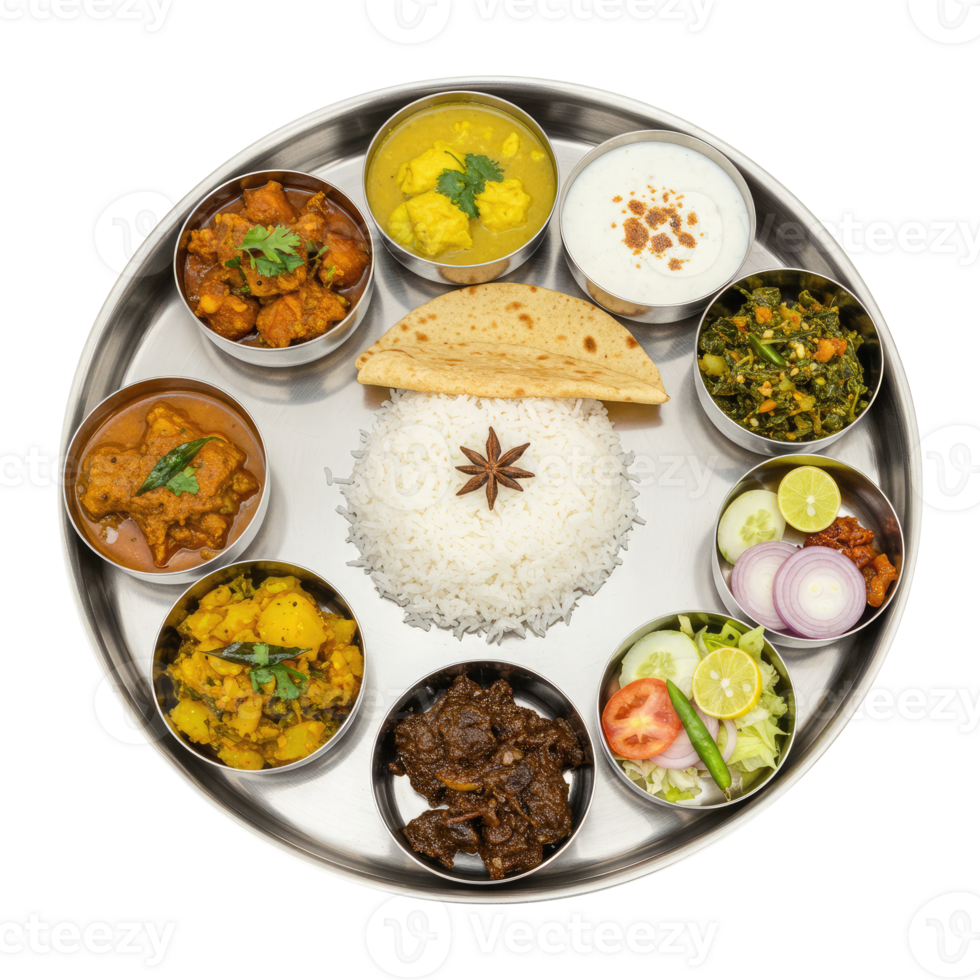 Top View of a Non-Veg Indian Thali. Cut Out, Clipping Path on Transparent Background. png