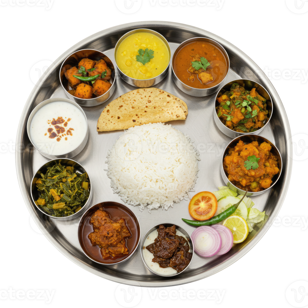 Assortment of Indian Dishes in a Thali for Lunch or Dinner. Cut Out, Clipping Path on Transparent Background. png