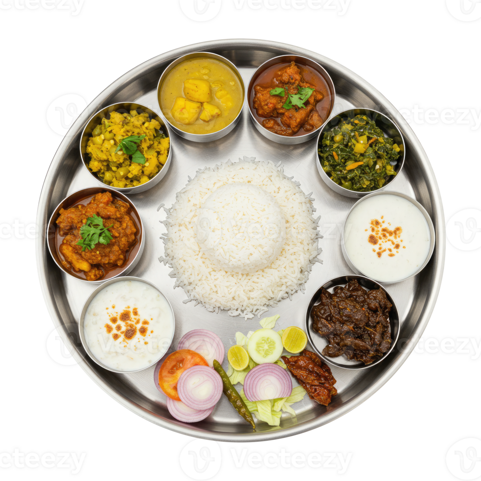 Top View of Authentic Indian Cuisine Platter Served on a Steel Plate. Cut Out, Clipping Path on Transparent Background. png