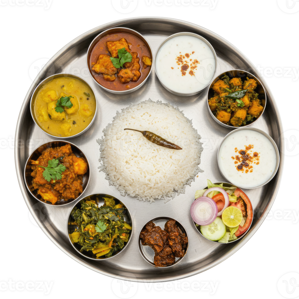 Complete Indian Meal Platter with Rice, Dal, and Curry, Top View. Cut Out, Clipping Path on Transparent Background. png