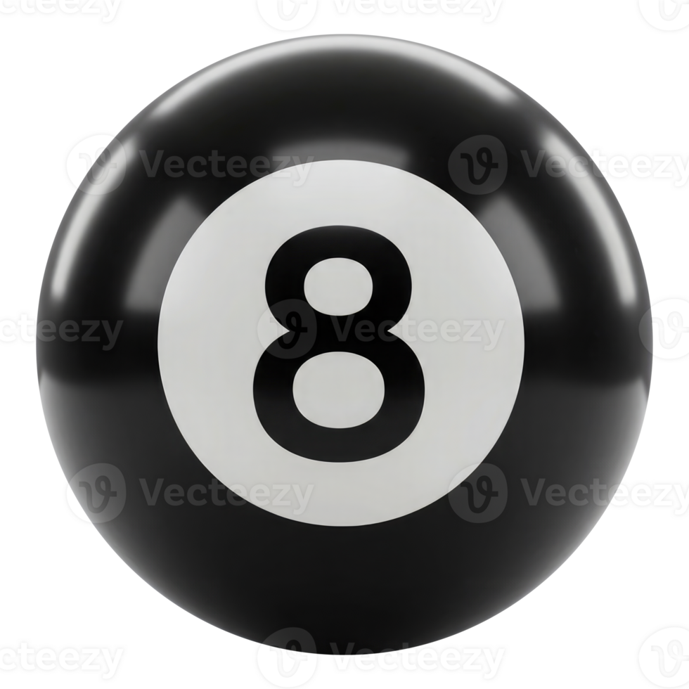 Number Eight Pool Ball for a Game of Billiards. Cut Out, Clipping Path on Transparent Background. png