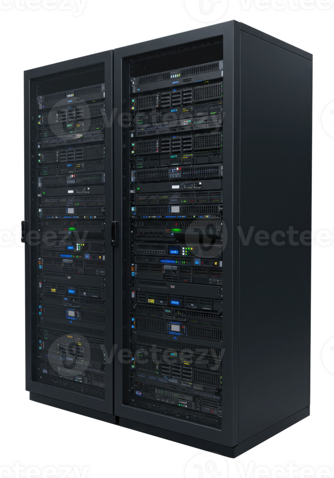 Database and Big Data Storage Servers in Racks. Cut Out, Clipping Path on Transparent Background. png