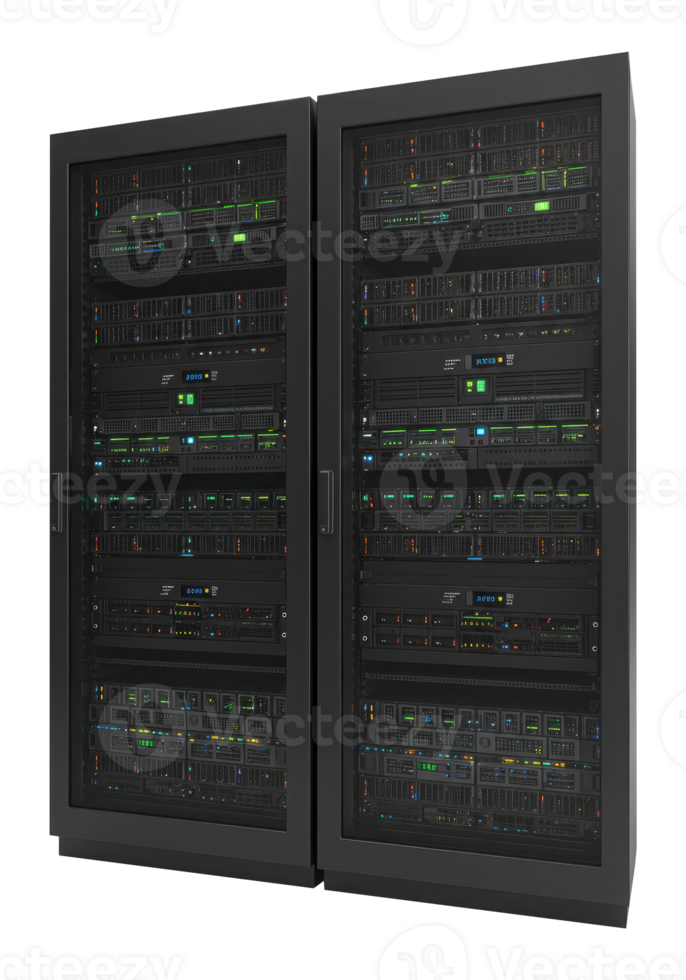 Two Black Server Cabinets with Blinking Lights. Cut Out, Clipping Path on Transparent Background. png