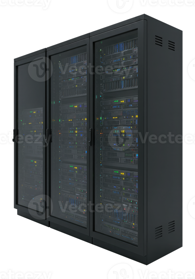 Data Center Server Racks for Hosting and Cloud Computing. Cut Out, Clipping Path on Transparent Background. png