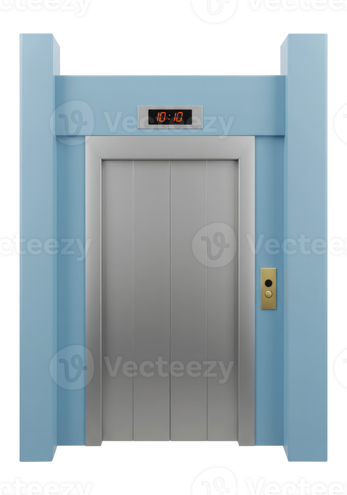 3D Render of a Blue and Steel Lift with Metal Doors. Cut Out, Clipping Path on Transparent Background. png