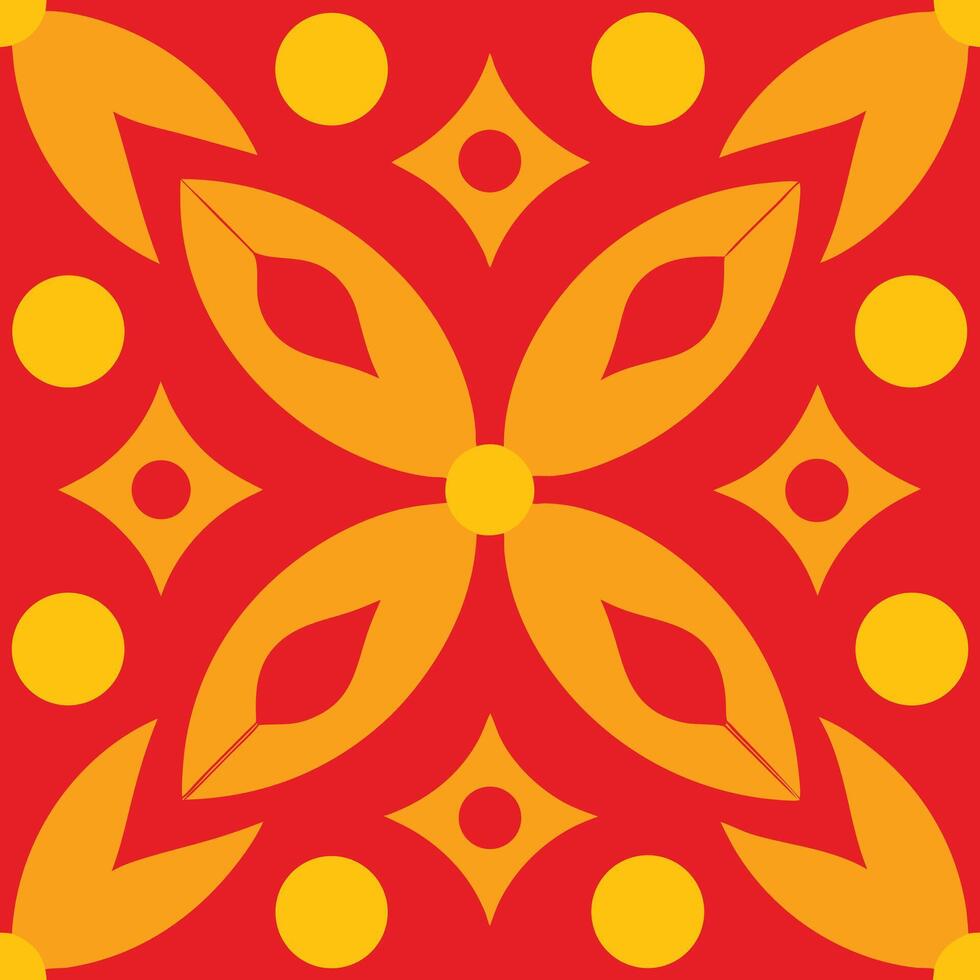 a red and yellow pattern with a flower design vector