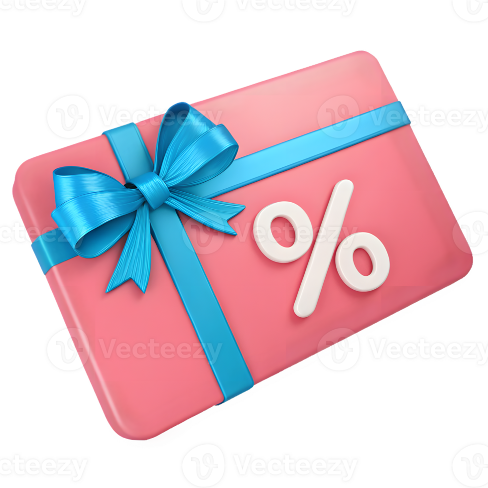 3D pink discount gift card with blue ribbon bow and white percent icon , transparency, icon png