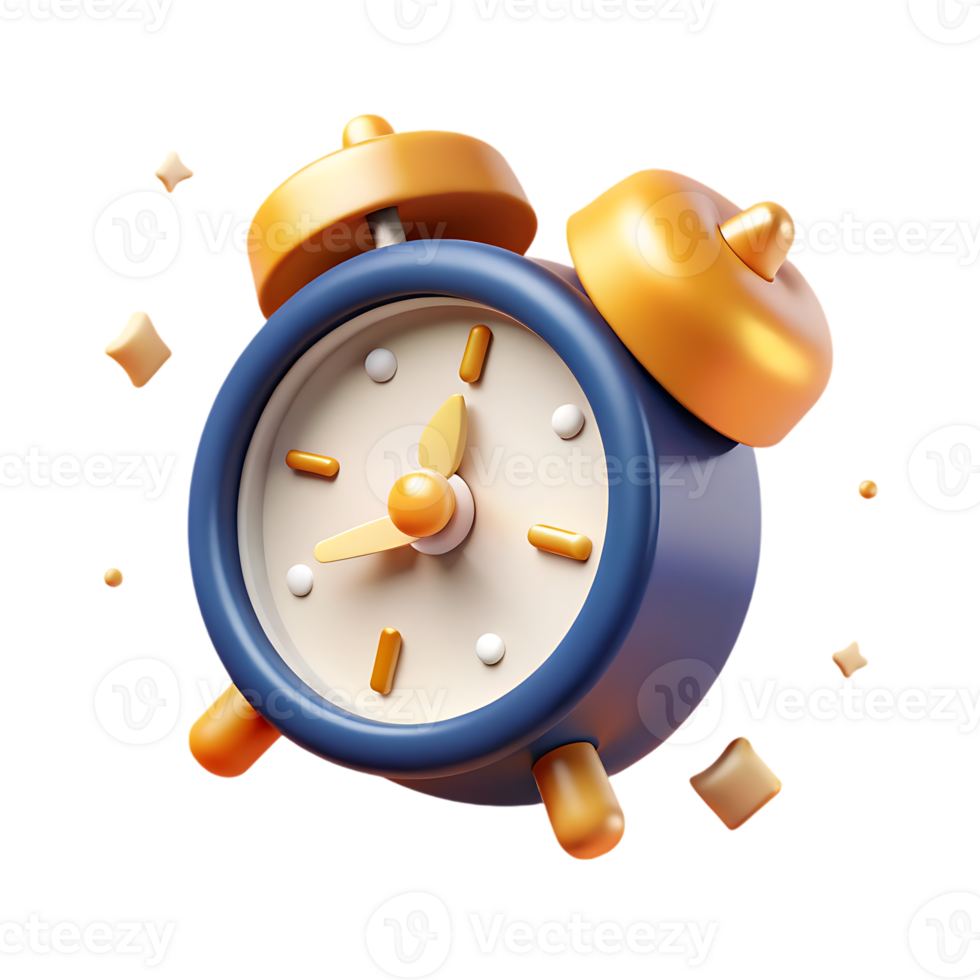 3D alarm clock icon with sparkles, symbolizing time management, schedules, deadlines, and reminders for business use transparency background png