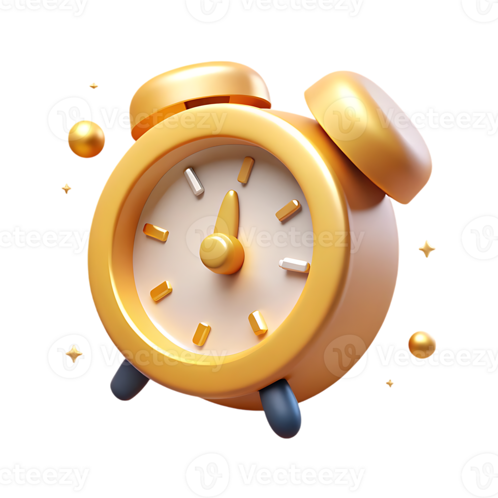 3D alarm clock icon with sparkles, symbolizing time management, schedules, deadlines, and reminders for business use with transparency background png