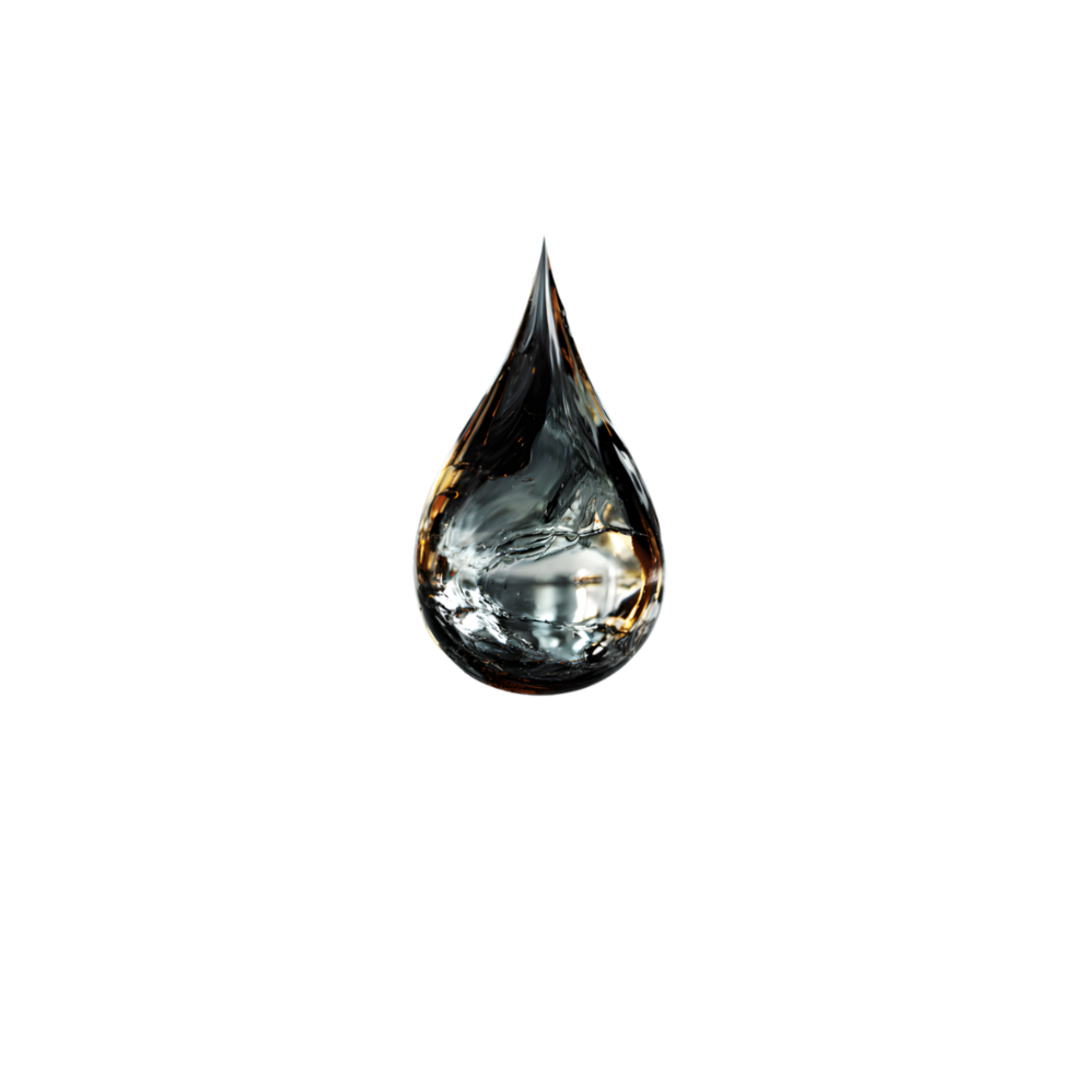 A single drop of liquid suspended in darkness showing internal reflections and subtle color variations png