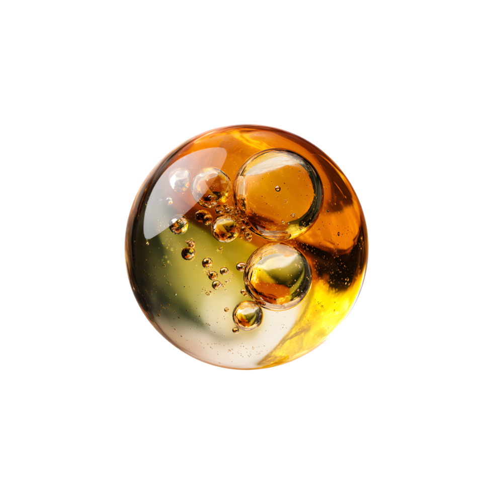 Golden and green oil spheres float in a translucent orb showcasing textures and bubbles png