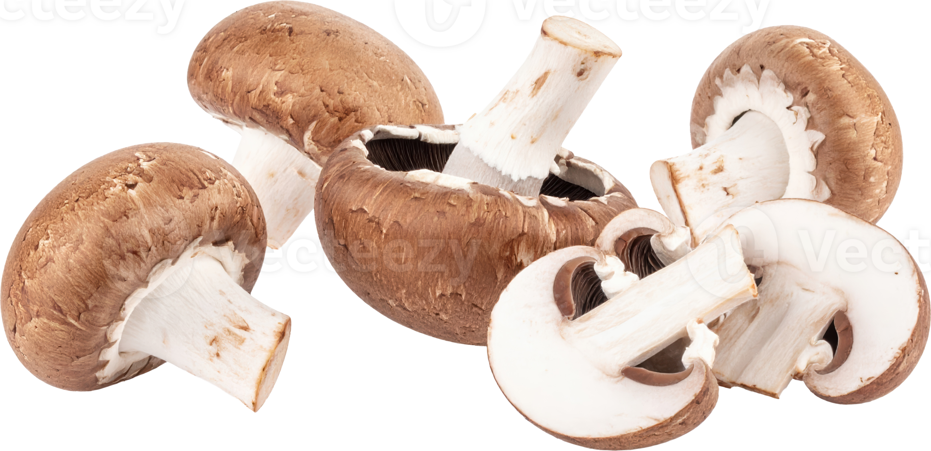 Fresh brown cremini mushrooms whole and neatly sliced fungi displaying caps stems and gills Isolated png