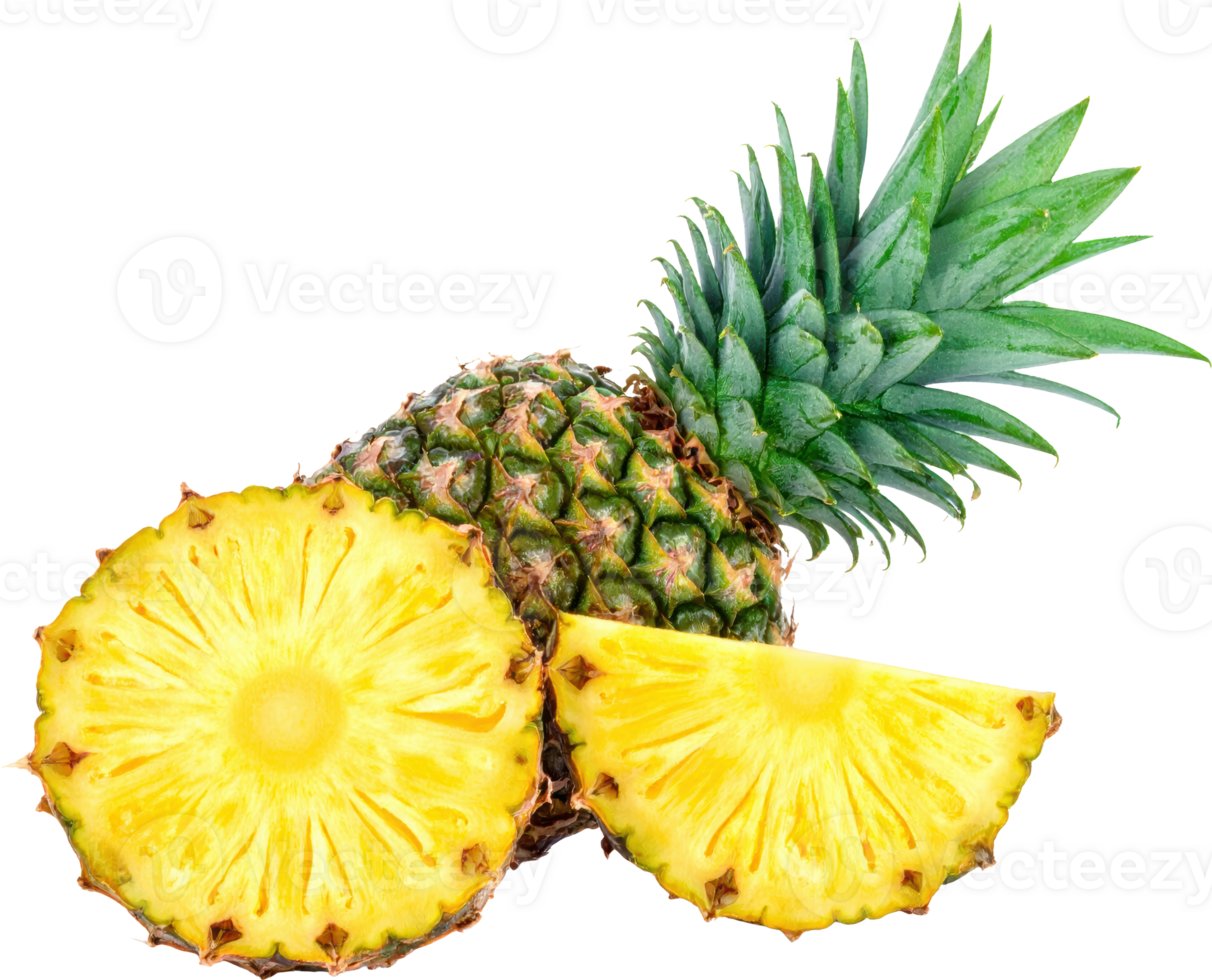 Whole pineapple with sliced segments showing juicy yellow flesh and green crown High resolution image transparent background png
