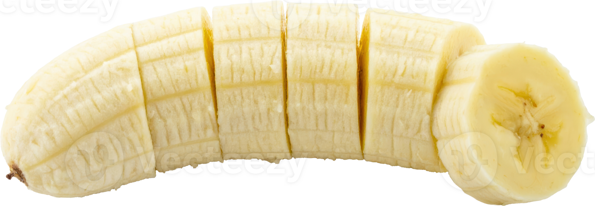 Peeled banana fruit expertly cut into multiple fresh vibrant yellow slices aligned horizontally png