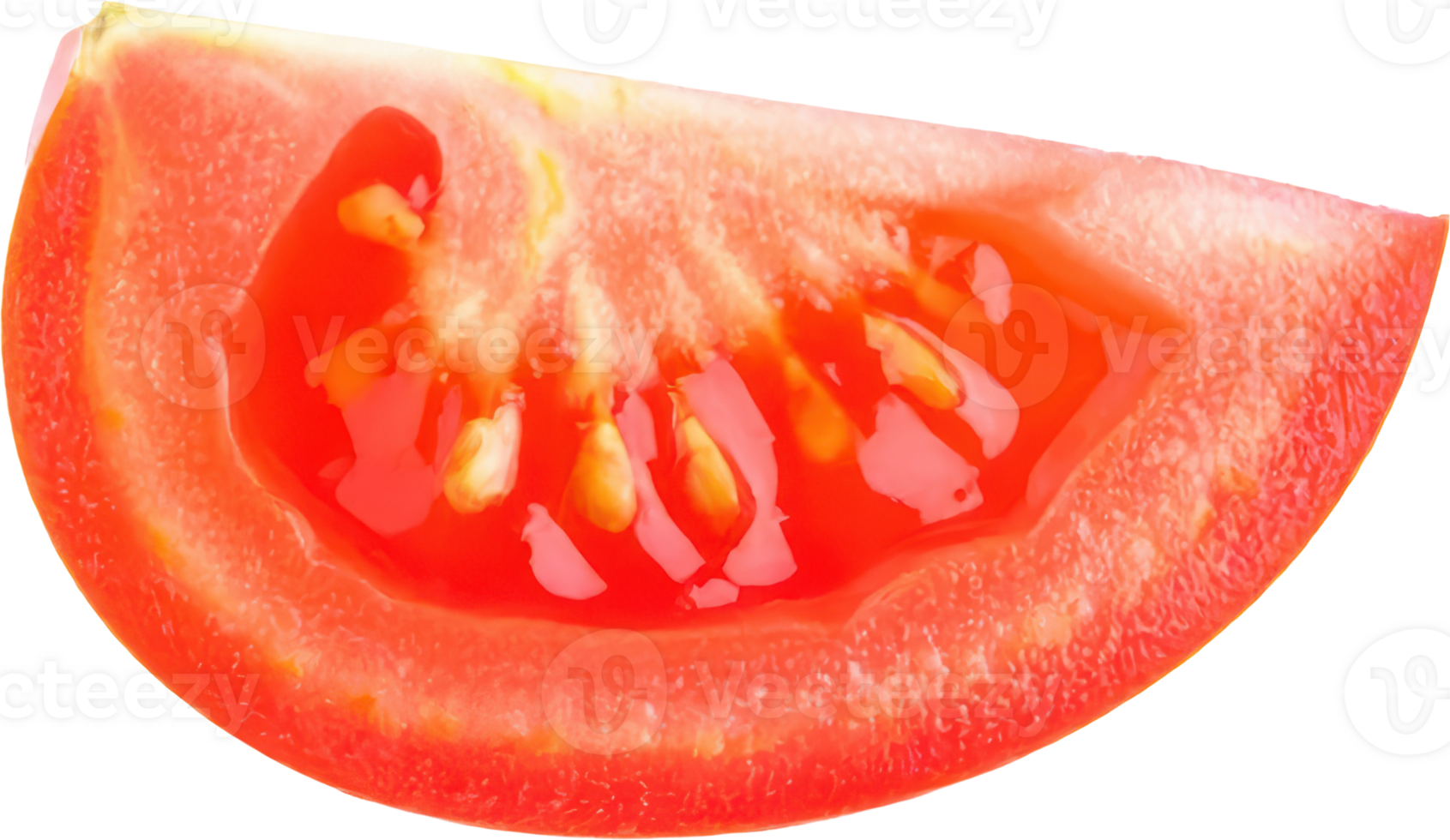 Close up image of a ripe red tomato slice showing seeds and juicy texture isolate png