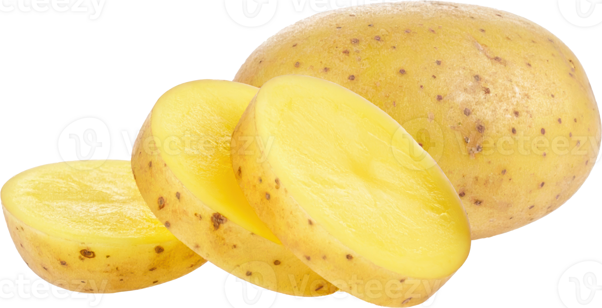 One whole raw potato with golden brown skin and three freshly cut light yellow slices displayed png