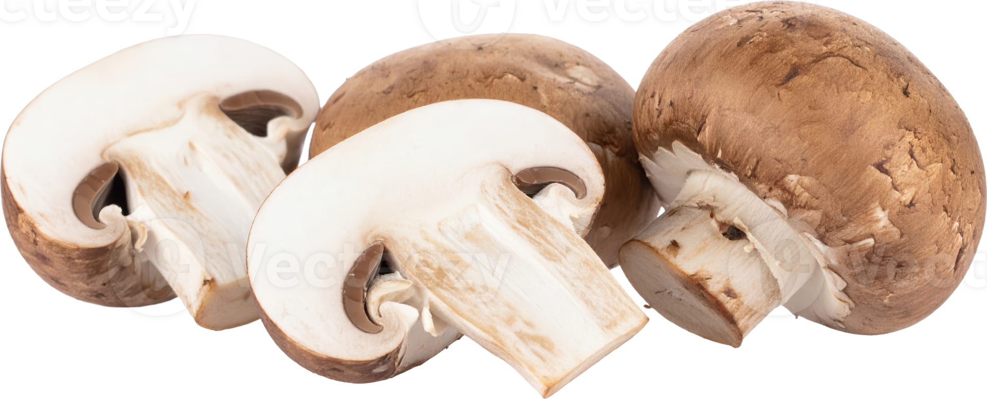 Three brown mushrooms one whole and two halves showing their white interiors and gills on a png