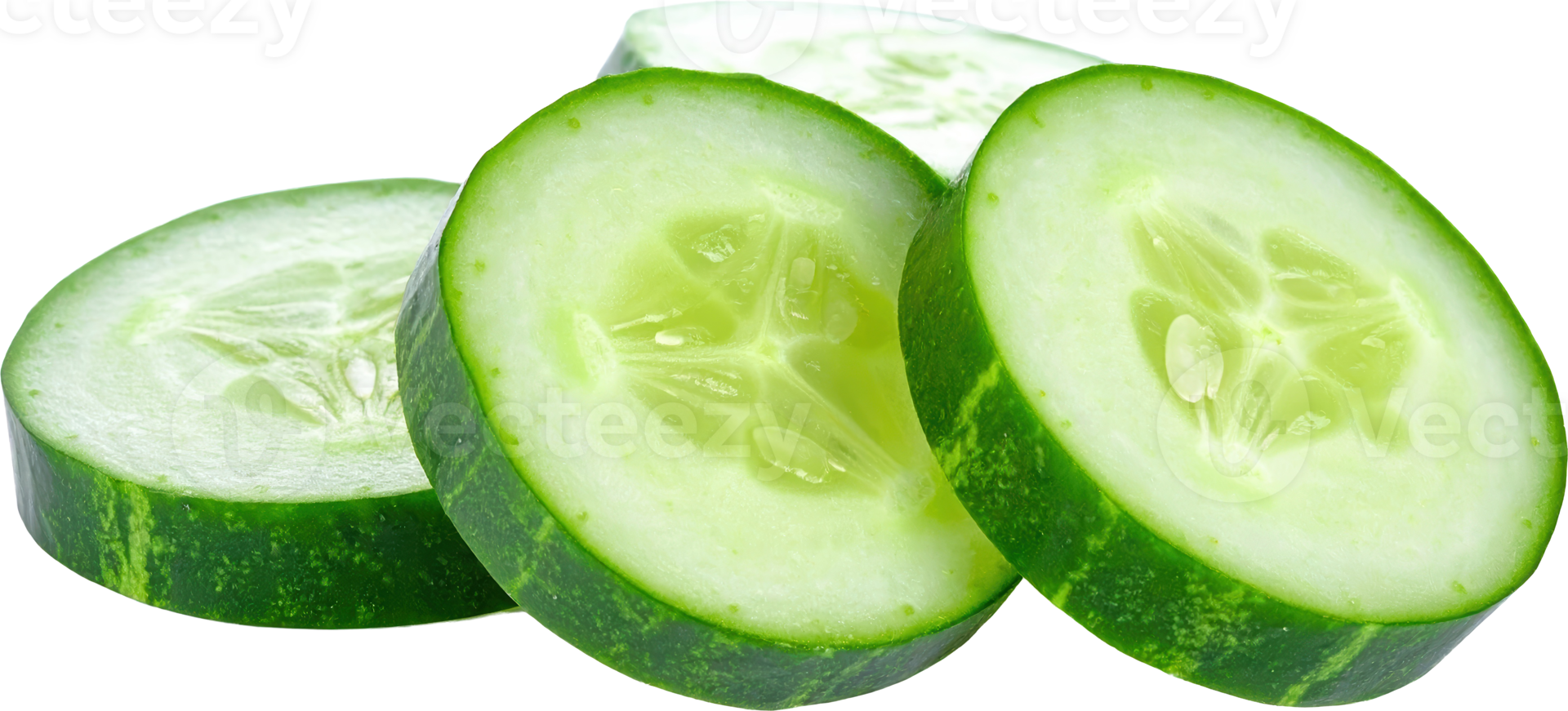 Close up view of multiple freshly cut green cucumber slices with distinct textures png