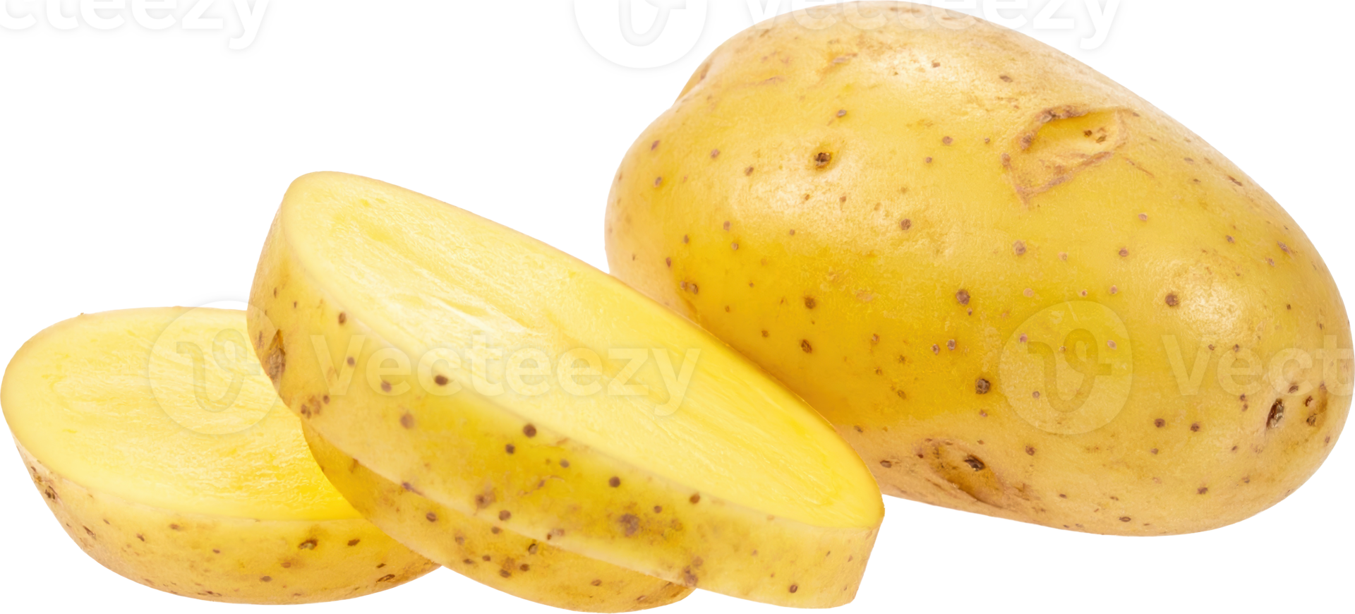 Whole fresh yellow potato with a cut half slice and a potato wedge on a transparent background png