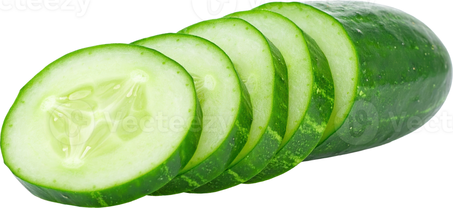 Vibrant green cucumber partially sliced into multiple uniform circular pieces transparent background png