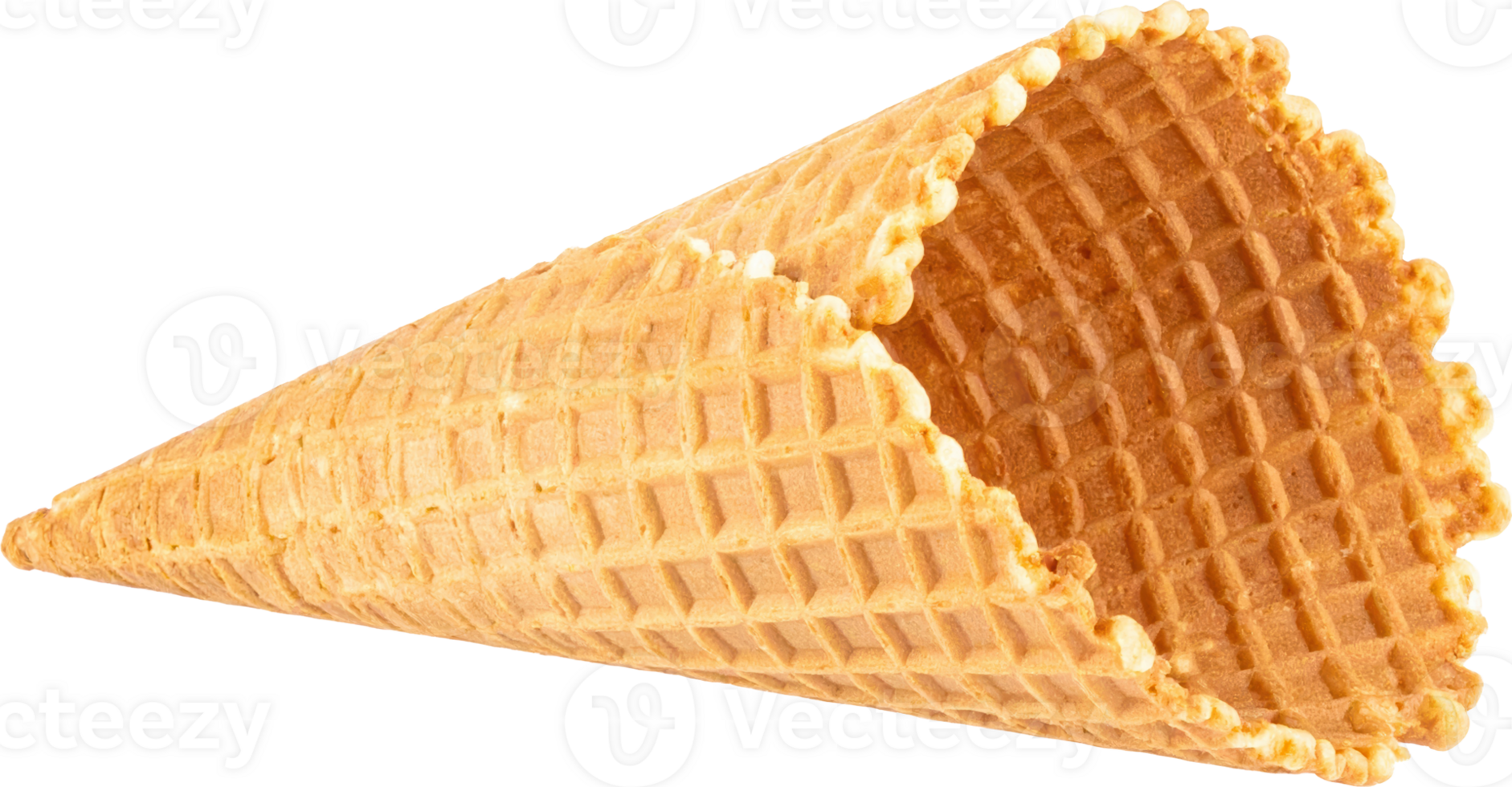 Crispy empty waffle ice cream cone with textured surface golden brown color isolated on black png