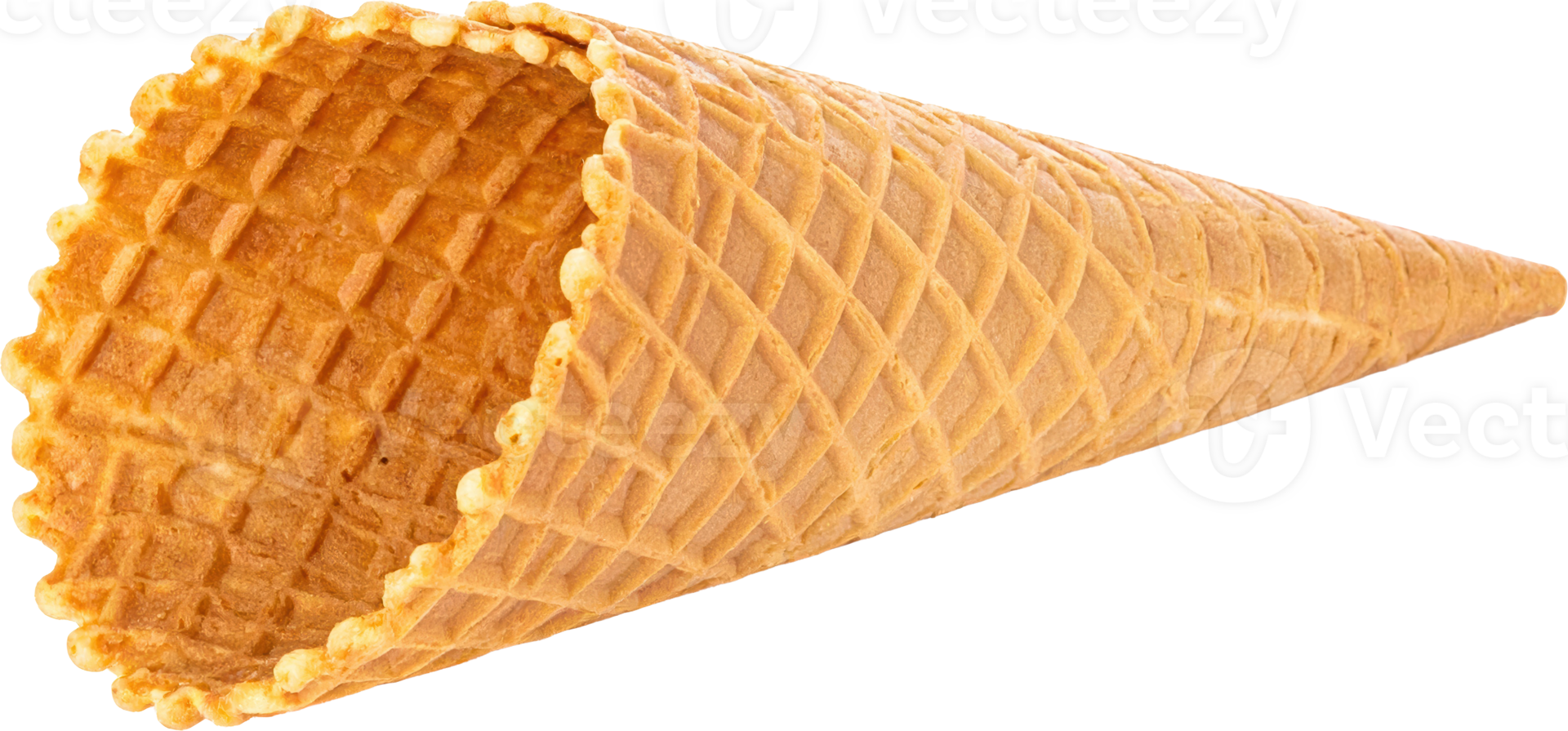 Single empty golden waffle ice cream cone with intricate diamond pattern texture png